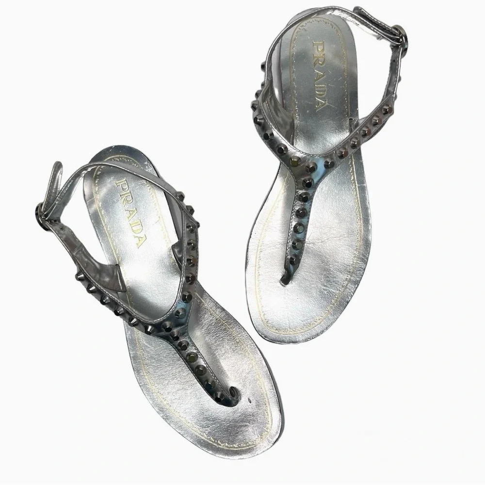 Prada silver metallic Calzature Donna capri studded T strap sandals - Picture 3 of 15
